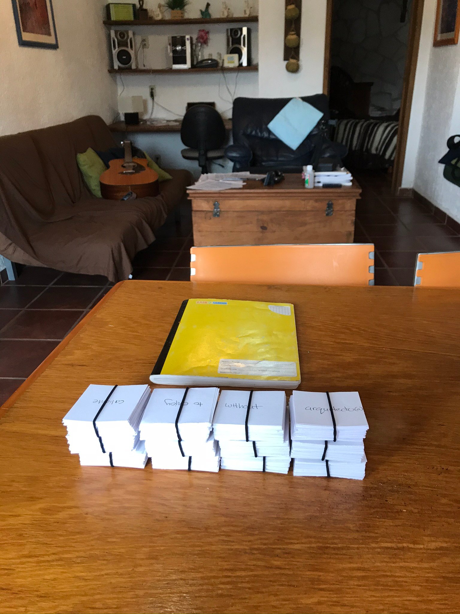 Stacks of flashcards in my house in Guanajuato