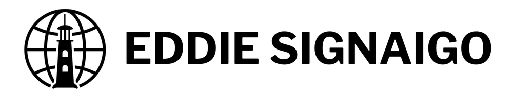 Eddie Signaigo name with globe logo.