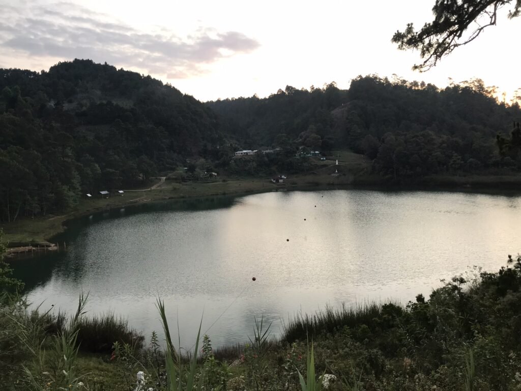Lagos de Montebello. The string in the middle of the lagoon is the international border between Mexico and Guatemala.