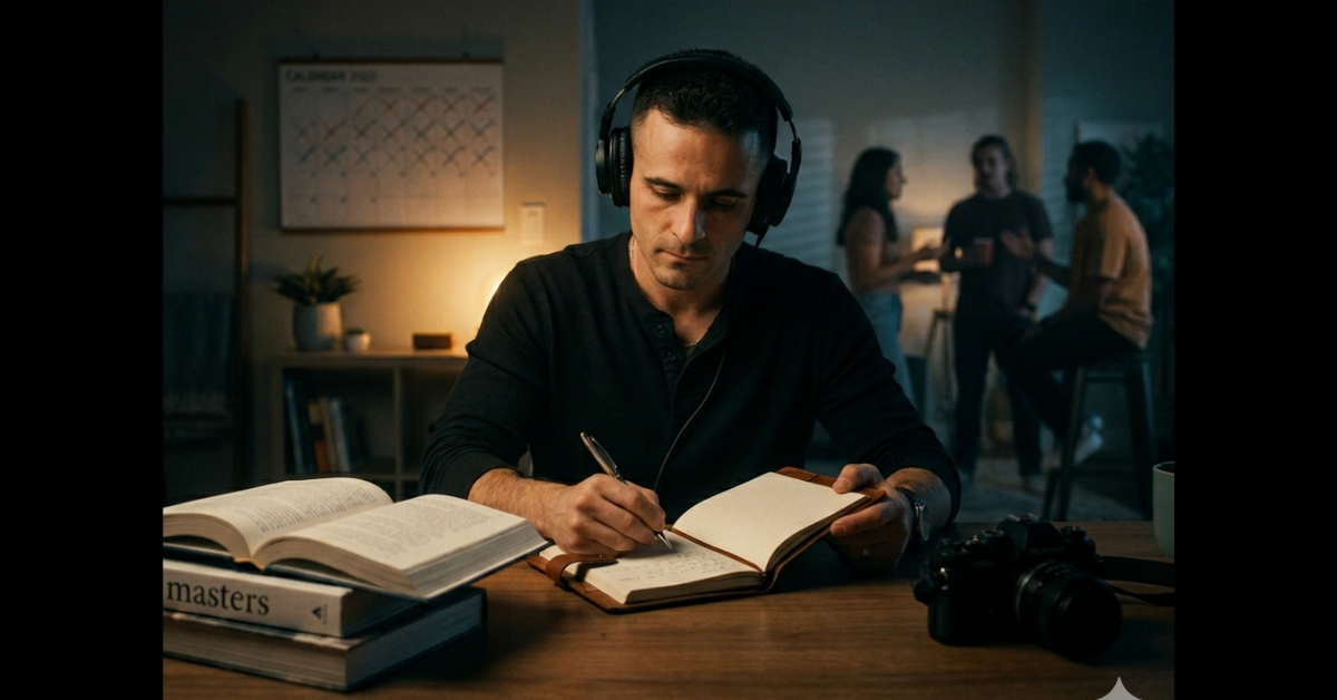 How to Learn Anything Blog Cover Image - Guy writing at desk with people in the background