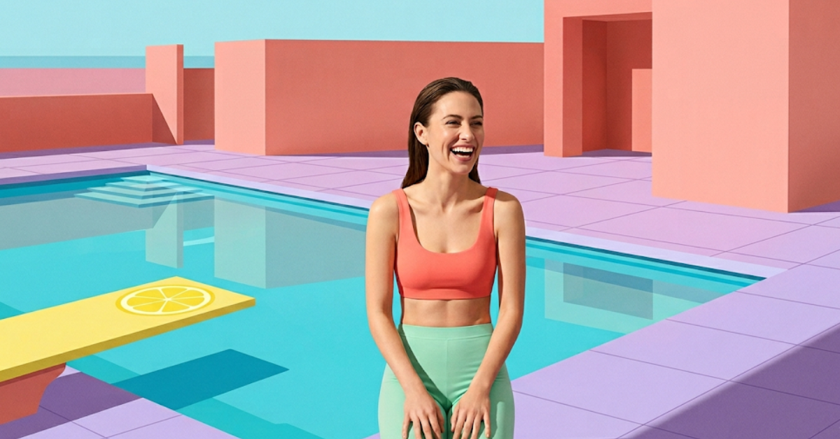 She Laughs Poem Cover Image - Woman Laughing by Pool